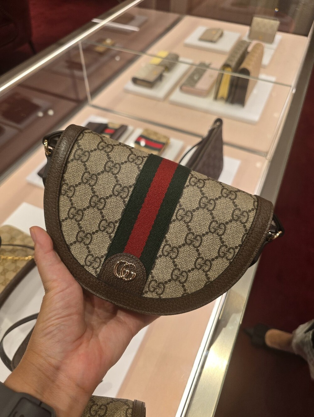 Gucci Beige GG Supreme Crescent Crossbody with Red and Green Web
